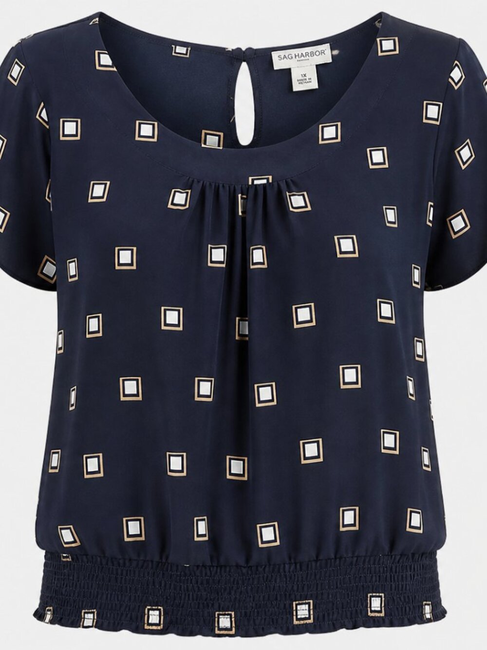 Sag Harbor 3X Navy Geometric Blouse Short Sleeve Smocked Hem